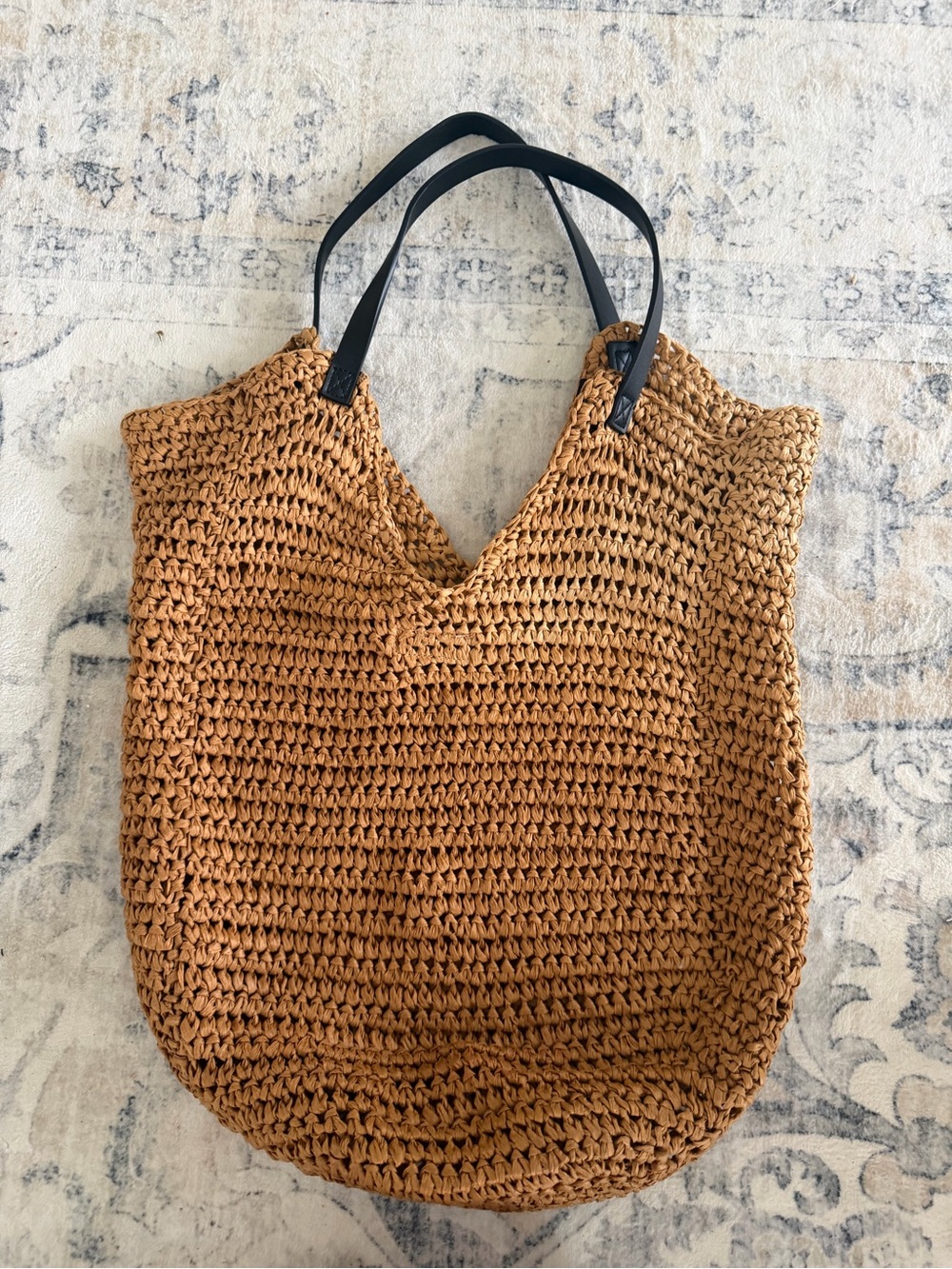 Banana Republic Woven Straw Tote Bag with Black Handles - Tan